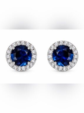 Blue sapphire‎ Sterling Silver Halo Stud Earrings